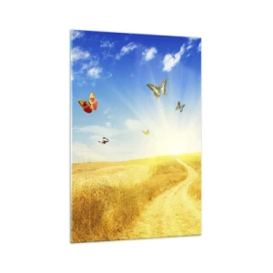 Quadro su vetro - Un campo dorato, un sentiero e farfalle contro un cielo azzurro - 70x100cm - Come non amare l'estate? - Decorazione murale moderna per soggiorno e camera da letto ARTTOR