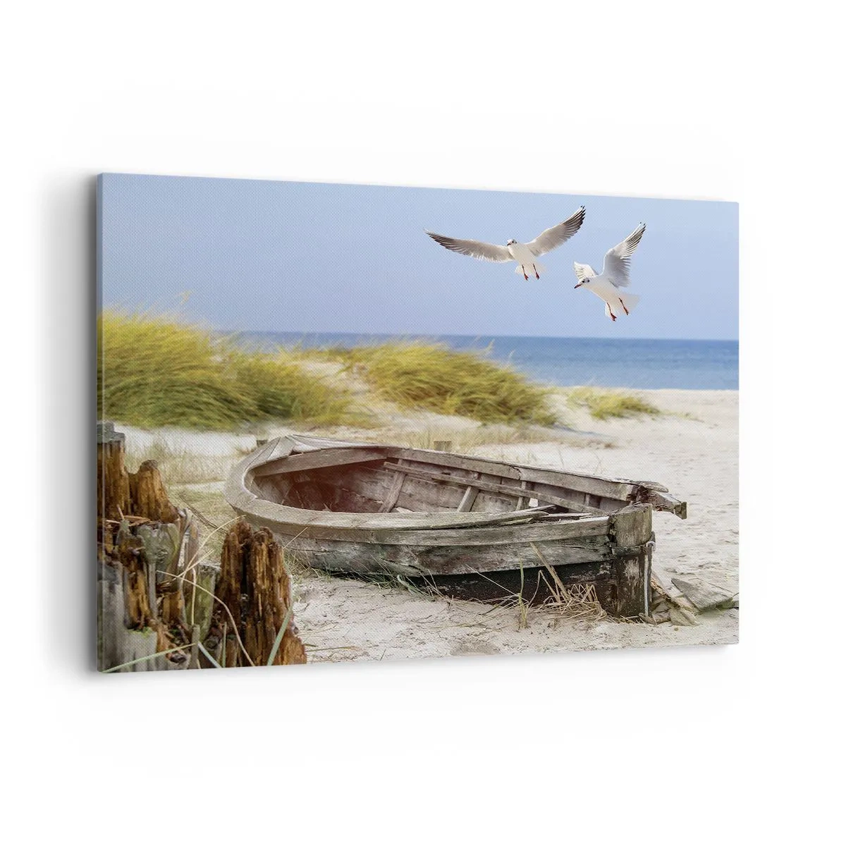 Quadro su tela - Stampe su Tela - Barca abbandonata su una spiaggia con gabbiani - 100x70cm - Bagnate dal vento - Decorazione murale moderna per soggiorno e camera da letto ARTTOR
