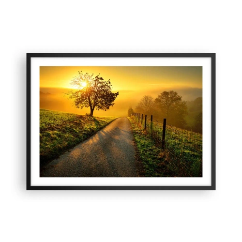 Poster in cornice nera - Una strada pittoresca al tramonto con un albero solitario sullo sfondo - 70x50cm - Pomeriggio di miele - Decorazione murale moderna per soggiorno e camera da letto ARTTOR