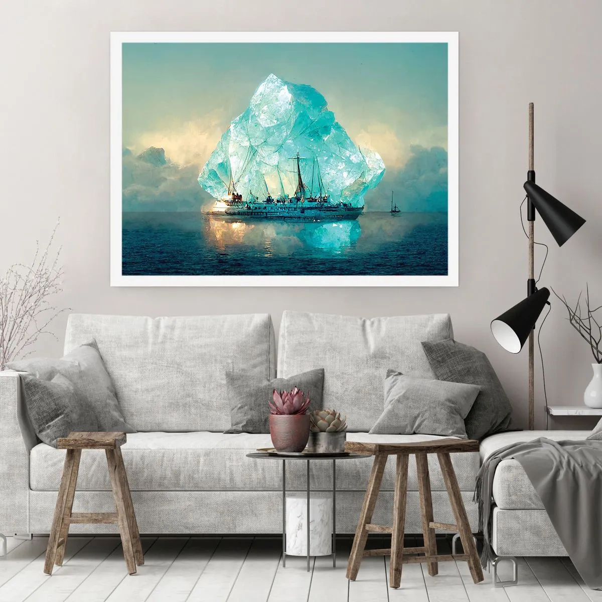 Poster - Una nave con un maestoso iceberg sullo sfondo - 100x70cm - Brillante artico - Decorazione murale moderna per soggiorno e camera da letto ARTTOR