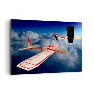 Quadro su tela - Stampe su Tela - Due aeroplani di legno che sorvolano le nuvole contro un cielo azzurro. - 100x70cm - Più in alto, più lontano - Decorazione murale moderna per soggiorno e camera da letto ARTTOR