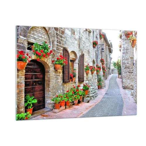 Quadro su vetro - Una pittoresca strada con muri in pietra e fiori rossi - 120x80cm - Atmosfera italiana - Decorazione murale moderna per soggiorno e camera da letto ARTTOR