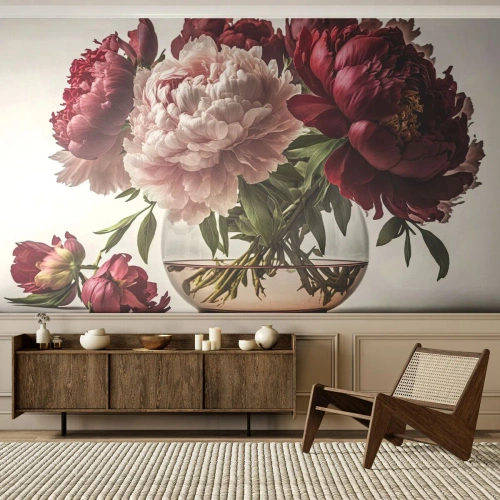 Fotomurali Premium Sand - Bellezza in piena fioritura - Mazzo di fiori, Vaso, Peonie - 250x175 cm