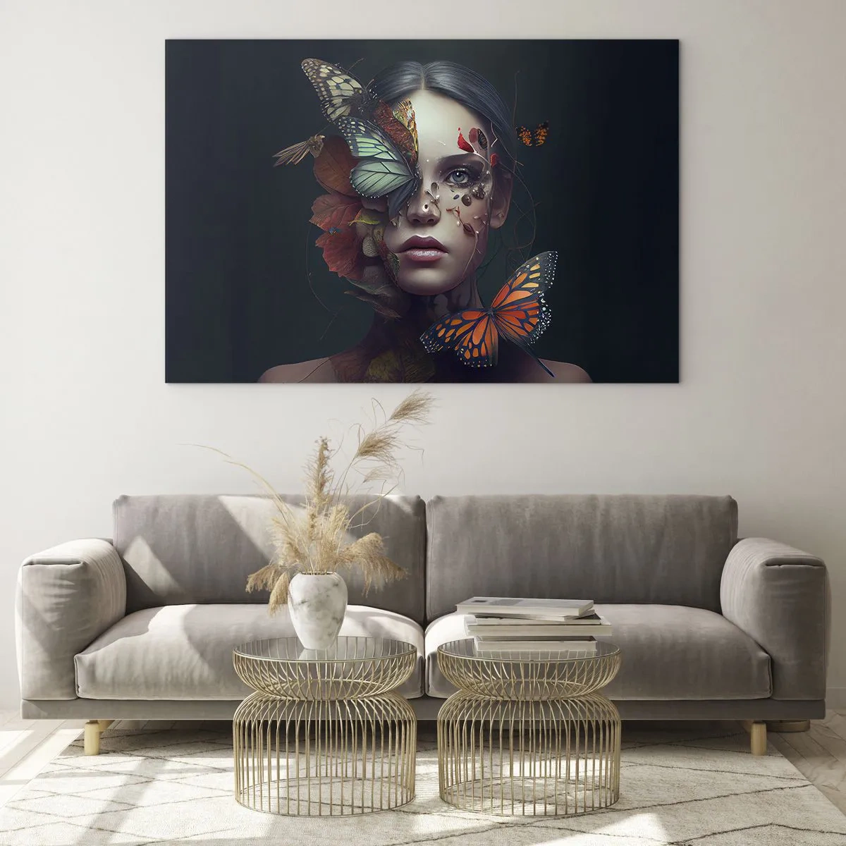 Quadro su vetro - Un volto di donna con farfalle e foglie in una composizione artistica - 100x70cm - Metamorfosi fantastica - Decorazione murale moderna per soggiorno e camera da letto ARTTOR