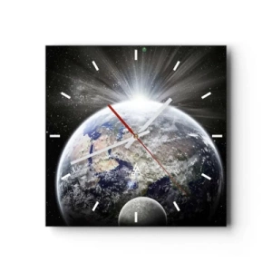 Orologio da parete - Orologio in Vetro - Terra e Luna illuminate dal bagliore dello spazio - 30x30cm - In pieno splendore - Decorazione murale moderna per soggiorno e camera da letto ARTTOR
