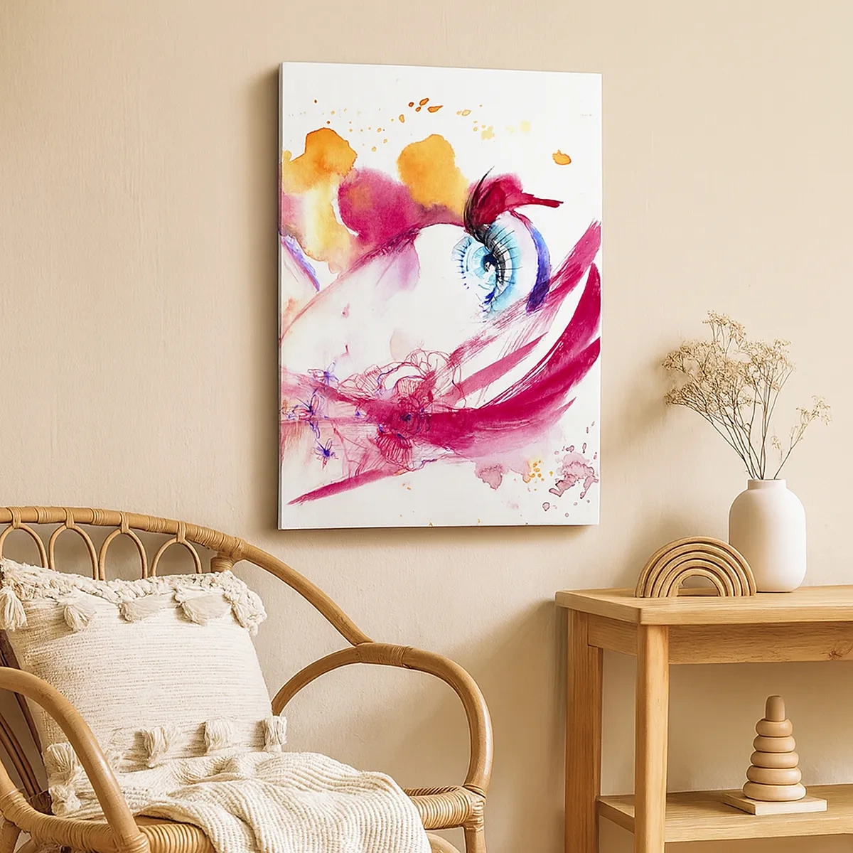 Quadro su tela - Stampe su Tela - Un volto astratto con occhi espressivi e accenti rossi. - 50x70cm - Insieme il mondo fiorisce - Decorazione murale moderna per soggiorno e camera da letto ARTTOR