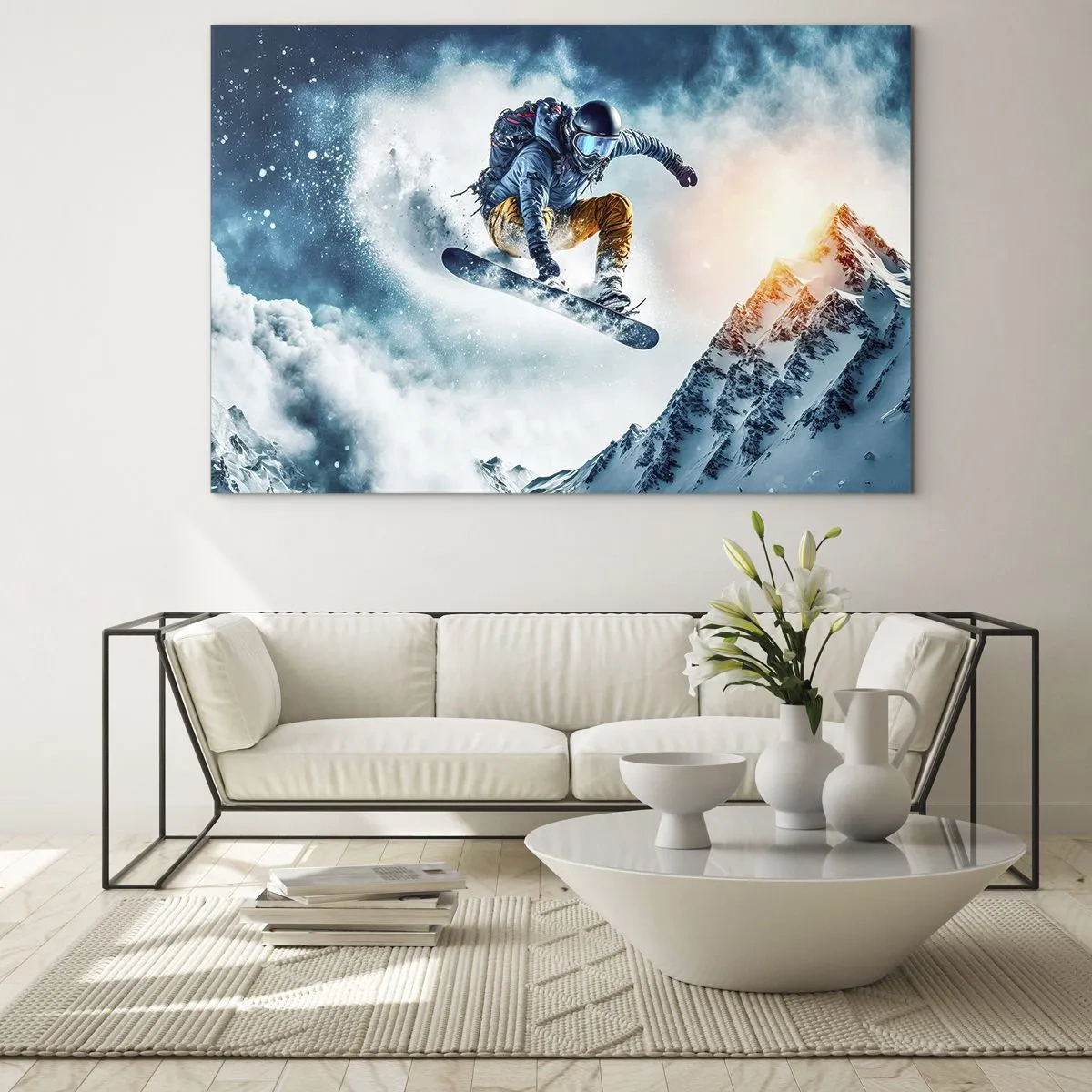 Quadro su vetro - Uno snowboarder vola sopra le montagne innevate - 100x70cm - Emozioni estreme - Decorazione murale moderna per soggiorno e camera da letto ARTTOR