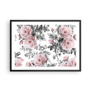 Poster in cornice nera - Rose rosa e foglie su un delicato sfondo bianco e nero - 70x50cm - Perdersi tra le rose - Decorazione murale moderna per soggiorno e camera da letto ARTTOR