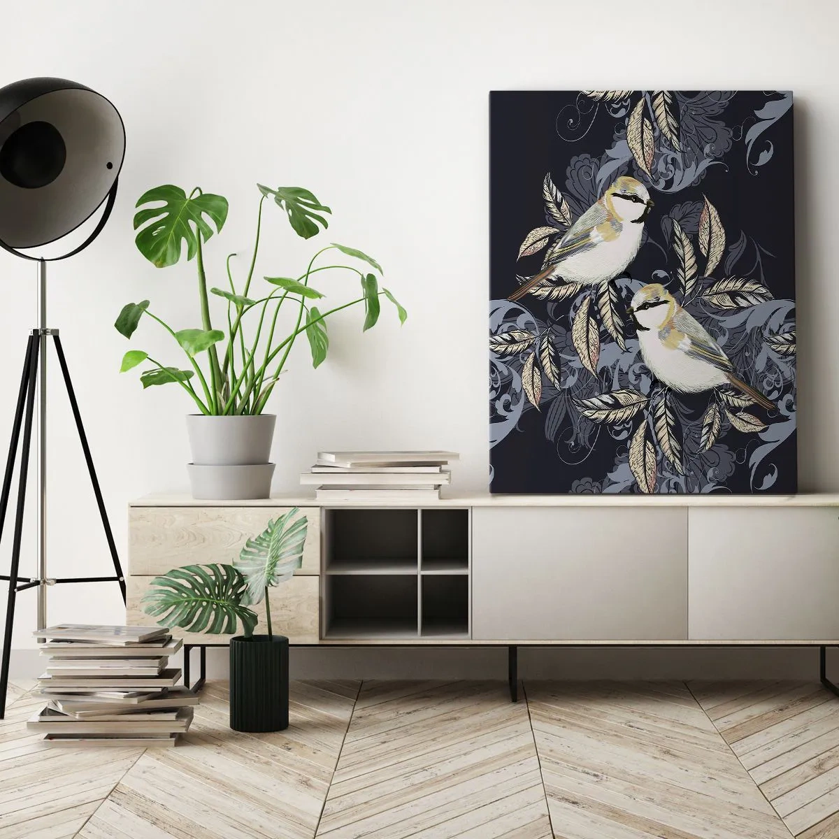 Quadro su tela - Stampe su Tela - Cinguettio oro e blu - 45x80 cm