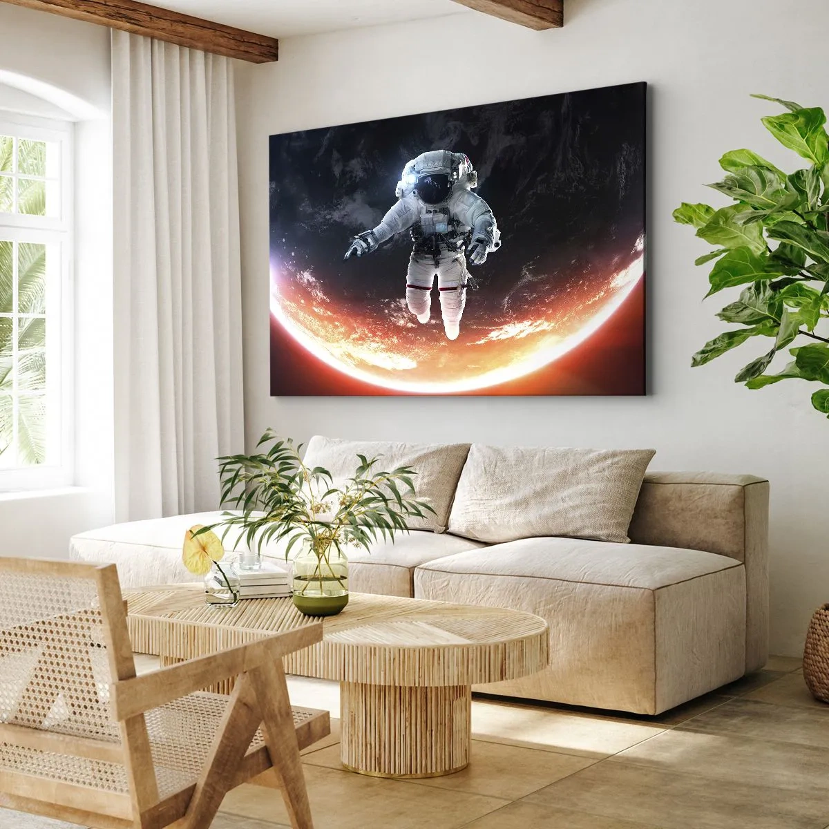 Quadro su tela - Stampe su Tela - Un astronauta che fluttua sopra una Terra illuminata dal sole - 120x80cm - Posso restare ancora un po'? - Decorazione murale moderna per soggiorno e camera da letto ARTTOR