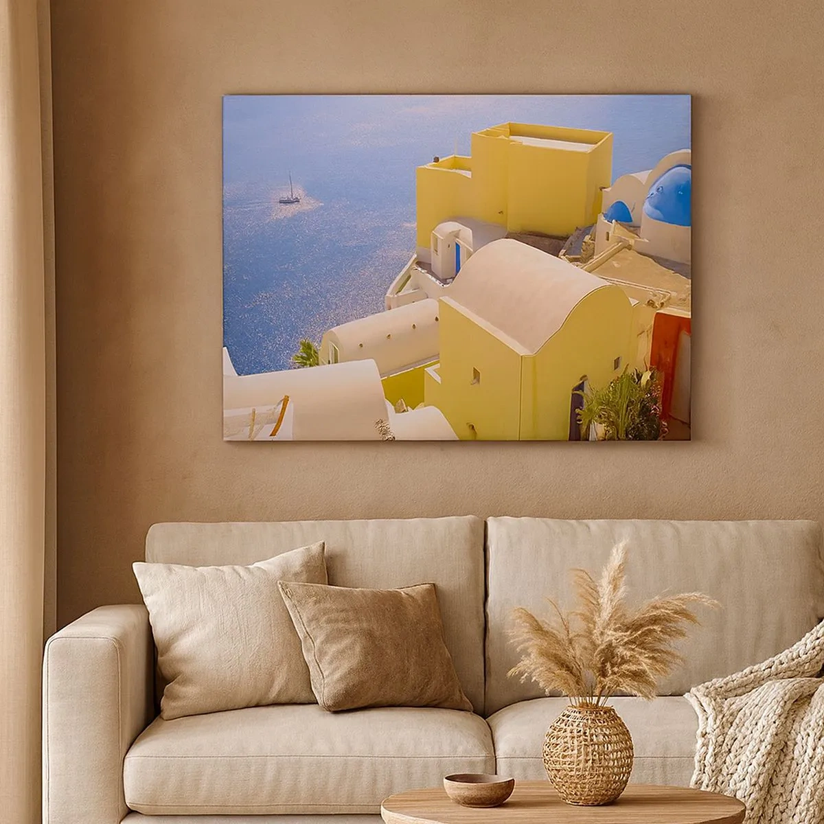 Quadro su tela - Stampe su Tela - Architettura greca con vista sul mare e una barca sullo sfondo - 70x50cm - Paesaggio greco in bianco e blu - Decorazione murale moderna per soggiorno e camera da letto ARTTOR