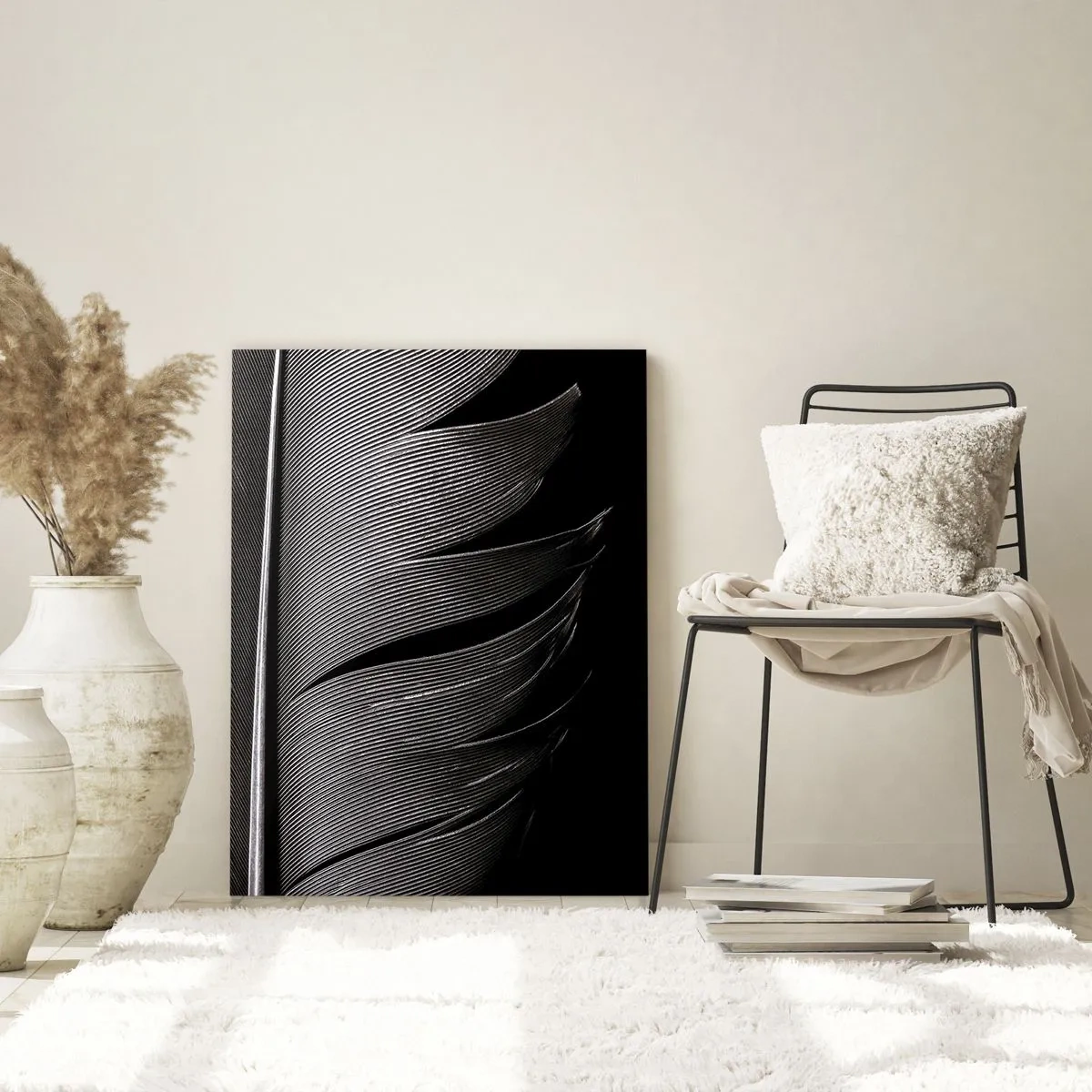 Quadro su vetro - Texture di piume bianche e nere in stile minimalista - 70x100cm - Piuma: struttura meravigliosa - Decorazione murale moderna per soggiorno e camera da letto ARTTOR