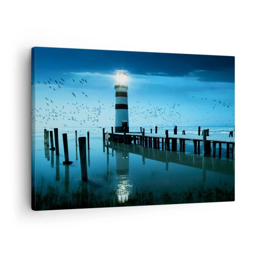 Quadro su tela - Stampe su Tela - Il faro sul molo illuminato di notte - 70x50cm - E passa la paura del buio - Decorazione murale moderna per soggiorno e camera da letto ARTTOR