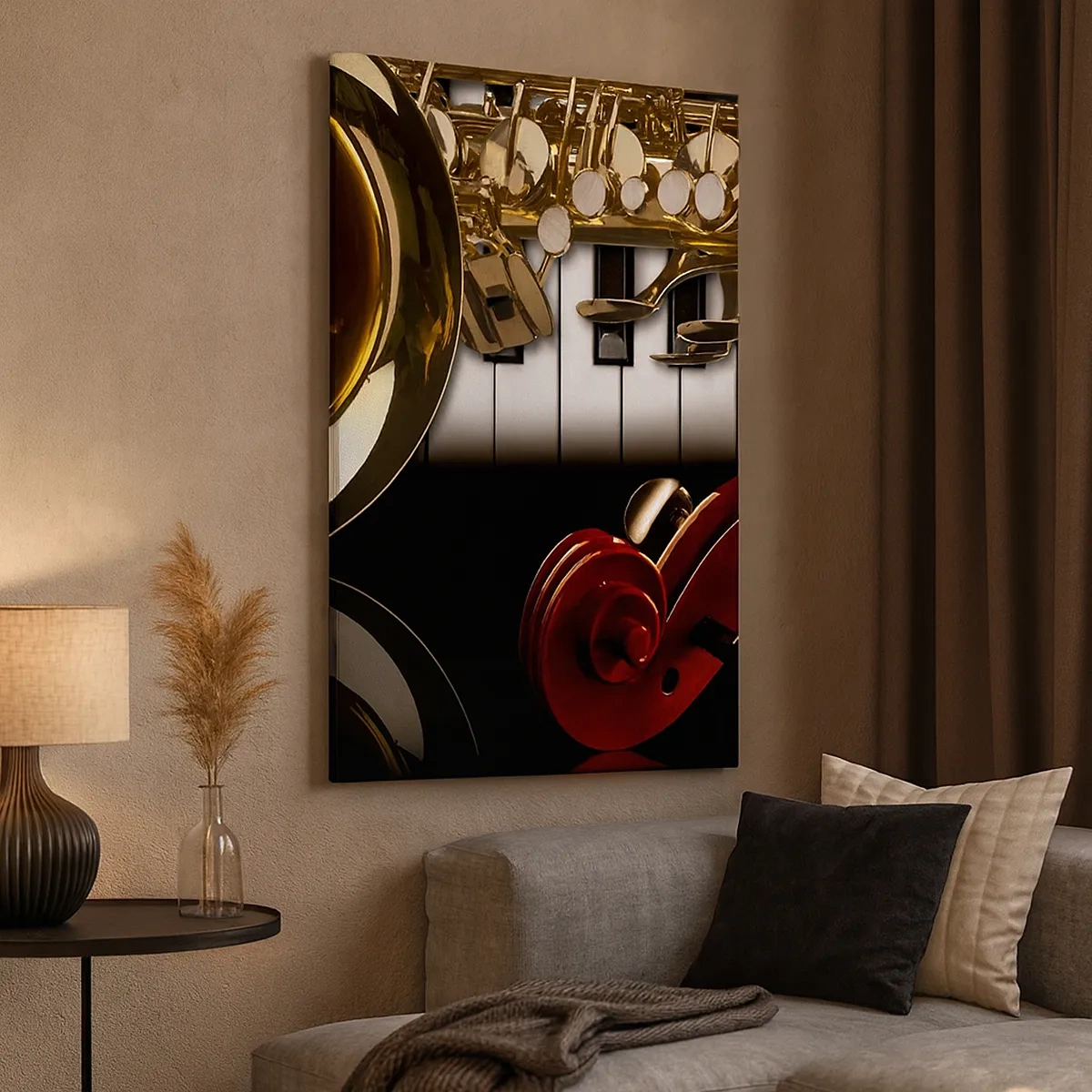 Quadro su tela - Stampe su Tela - Un sassofono dorato, tasti di pianoforte e un violino rosso - 50x70cm - Metallo, legno e avorio - Decorazione murale moderna per soggiorno e camera da letto ARTTOR