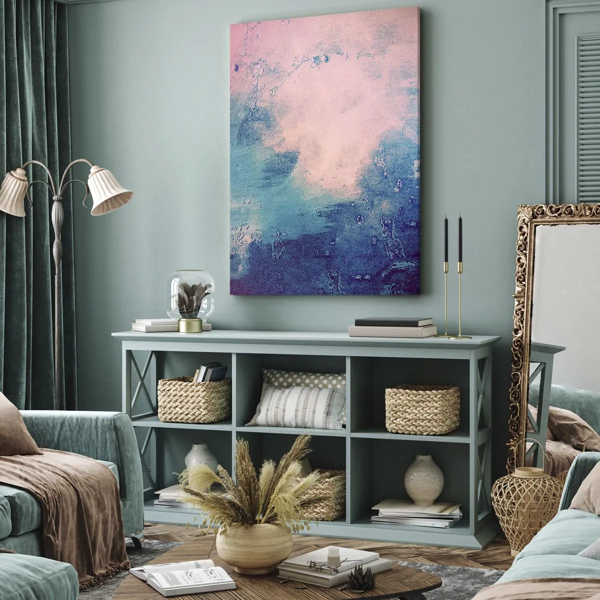 Quadro su tela - Stampe su Tela - Texture astratta nei toni del rosa e del blu - 50x70cm - Abbracci nel blu - Decorazione murale moderna per soggiorno e camera da letto ARTTOR