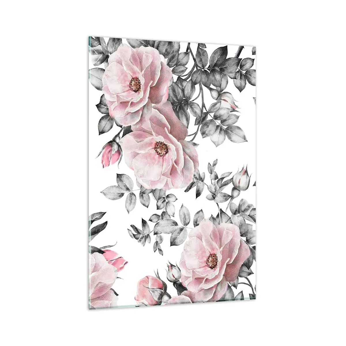 Quadro su vetro - Rose rosa e foglie su un delicato sfondo bianco e nero - 80x120cm - Perdersi tra le rose - Decorazione murale moderna per soggiorno e camera da letto ARTTOR