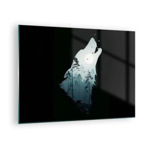 Quadro su vetro - Silhouette di un lupo con una foresta e la luna sullo sfondo su uno sfondo nero - 70x50cm - Voce di una notte boschiva - Decorazione murale moderna per soggiorno e camera da letto ARTTOR