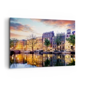 Quadro su tela - Stampe su Tela - Canale con il riflesso delle case popolari nella luce della sera - 100x70cm - Bellezza olandese riservata e tranquilla - Decorazione murale moderna per soggiorno e camera da letto ARTTOR