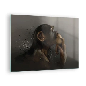 Quadro su vetro - Una scimmia che sembra pensierosa su uno sfondo scuro con effetto schizzi - 70x50cm - Sicuramente un pensatore - Decorazione murale moderna per soggiorno e camera da letto ARTTOR