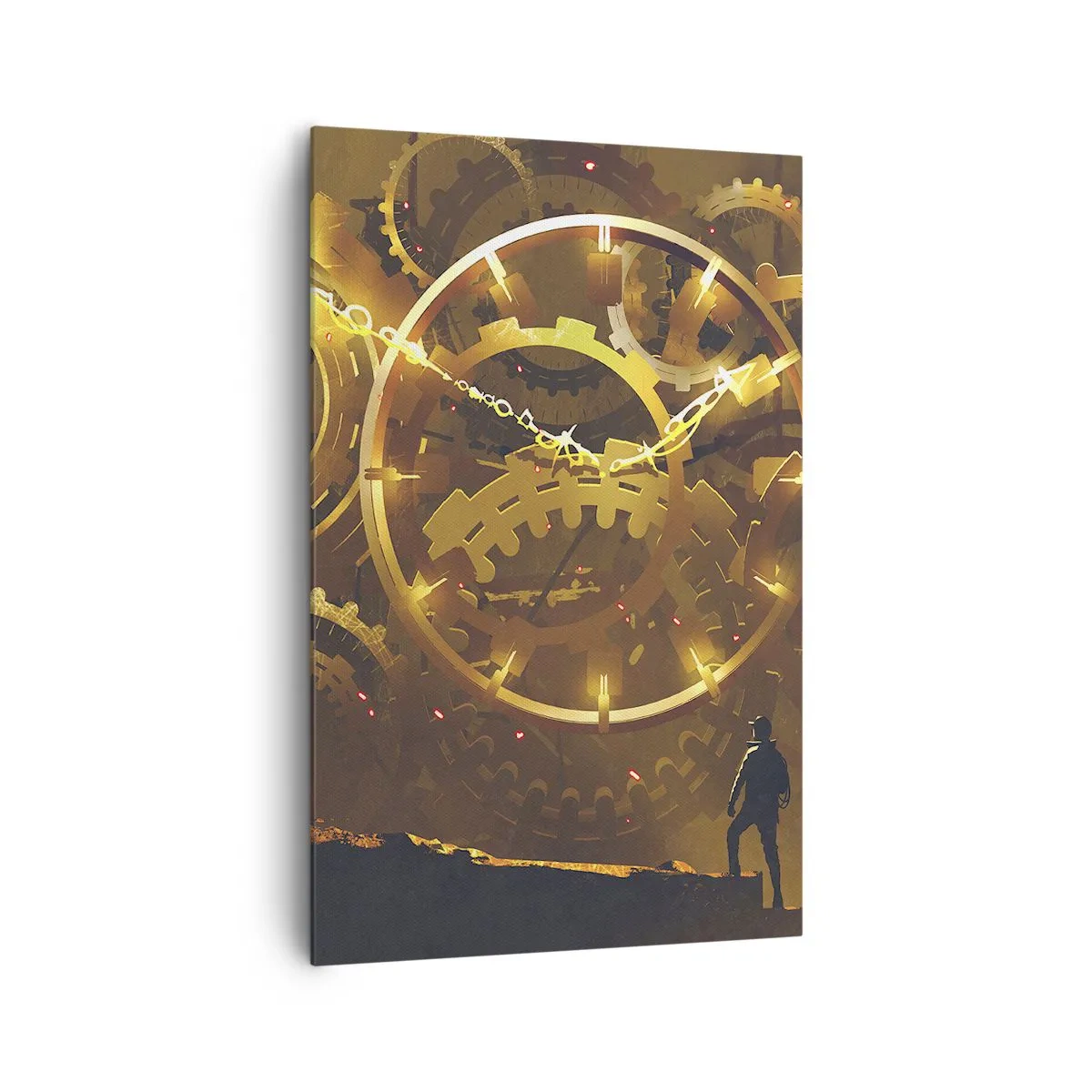 Quadro su tela - Stampe su Tela - Ingranaggi dorati in un ambiente surreale con una figura - 80x120cm - Alla fonte del tempo - Decorazione murale moderna per soggiorno e camera da letto ARTTOR