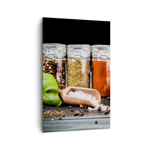 Quadro su tela - Stampe su Tela - Erbe e spezie in barattoli di vetro su sfondo scuro - 80x120cm - Perché la vita abbia sapore - Decorazione murale moderna per soggiorno e camera da letto ARTTOR
