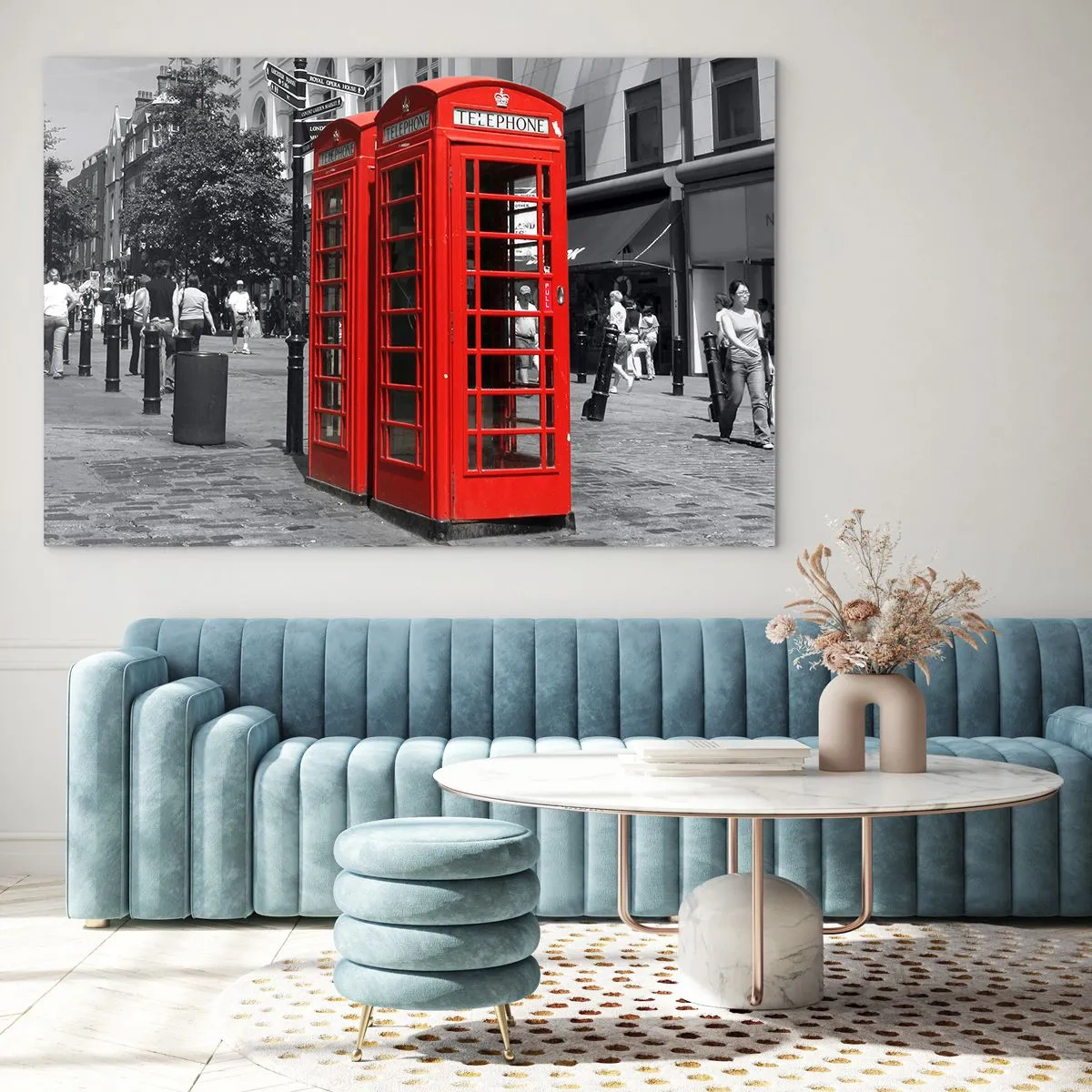 Quadro su vetro - Cabine telefoniche rosse in una strada di Londra - 100x70cm - Cabine telefoniche rosse - Decorazione murale moderna per soggiorno e camera da letto ARTTOR