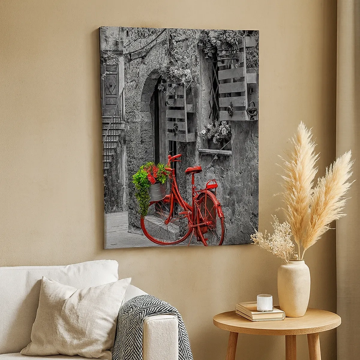 Quadro su tela - Stampe su Tela - Una bicicletta rossa in una strada bianca e nera - 50x70cm - Angolo toscano - Decorazione murale moderna per soggiorno e camera da letto ARTTOR