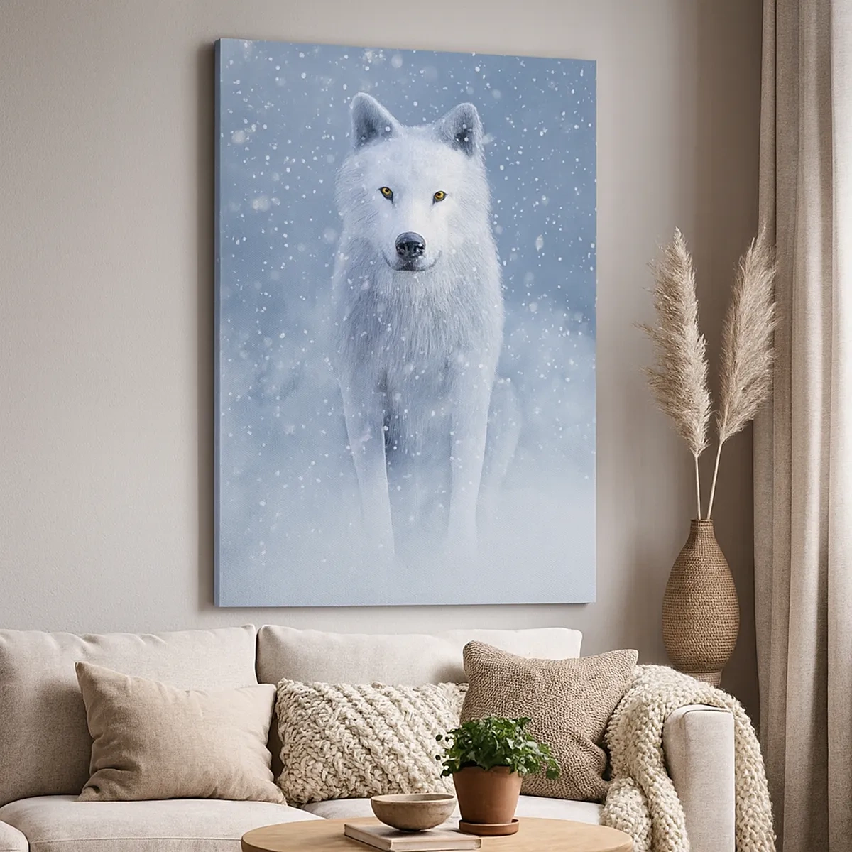 Quadro su tela - Stampe su Tela - Lupo bianco in uno scenario innevato - 50x70cm - Nello spirito dell'inverno - Decorazione murale moderna per soggiorno e camera da letto ARTTOR