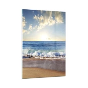 Quadro su vetro - Onde dell'oceano che si infrangono su una spiaggia dorata all'alba - 50x70cm - Insieme movimento e immobilità - Decorazione murale moderna per soggiorno e camera da letto ARTTOR