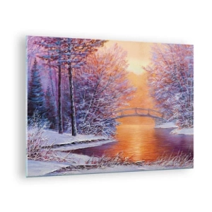 Quadro su vetro - Paesaggio invernale con un ponte e alberi innevati al tramonto - 70x50cm - Incontriamoci qui - Decorazione murale moderna per soggiorno e camera da letto ARTTOR