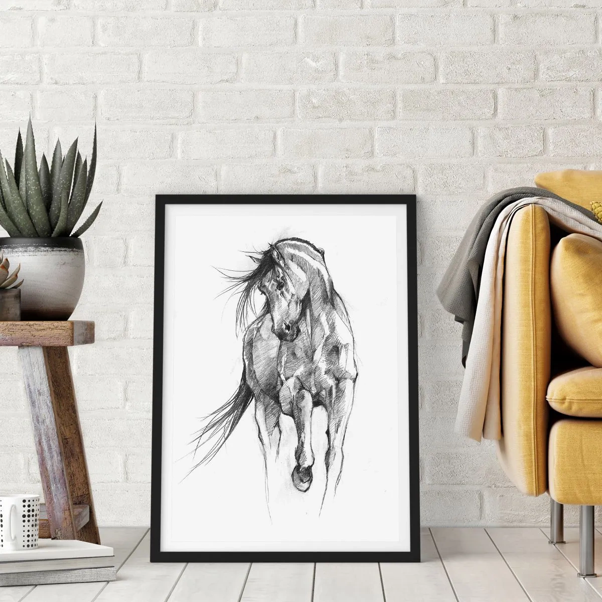 Poster in cornice nera - Schizzo di un cavallo in posa dinamica - 50x70cm - Trotto aggraziato - Decorazione murale moderna per soggiorno e camera da letto ARTTOR