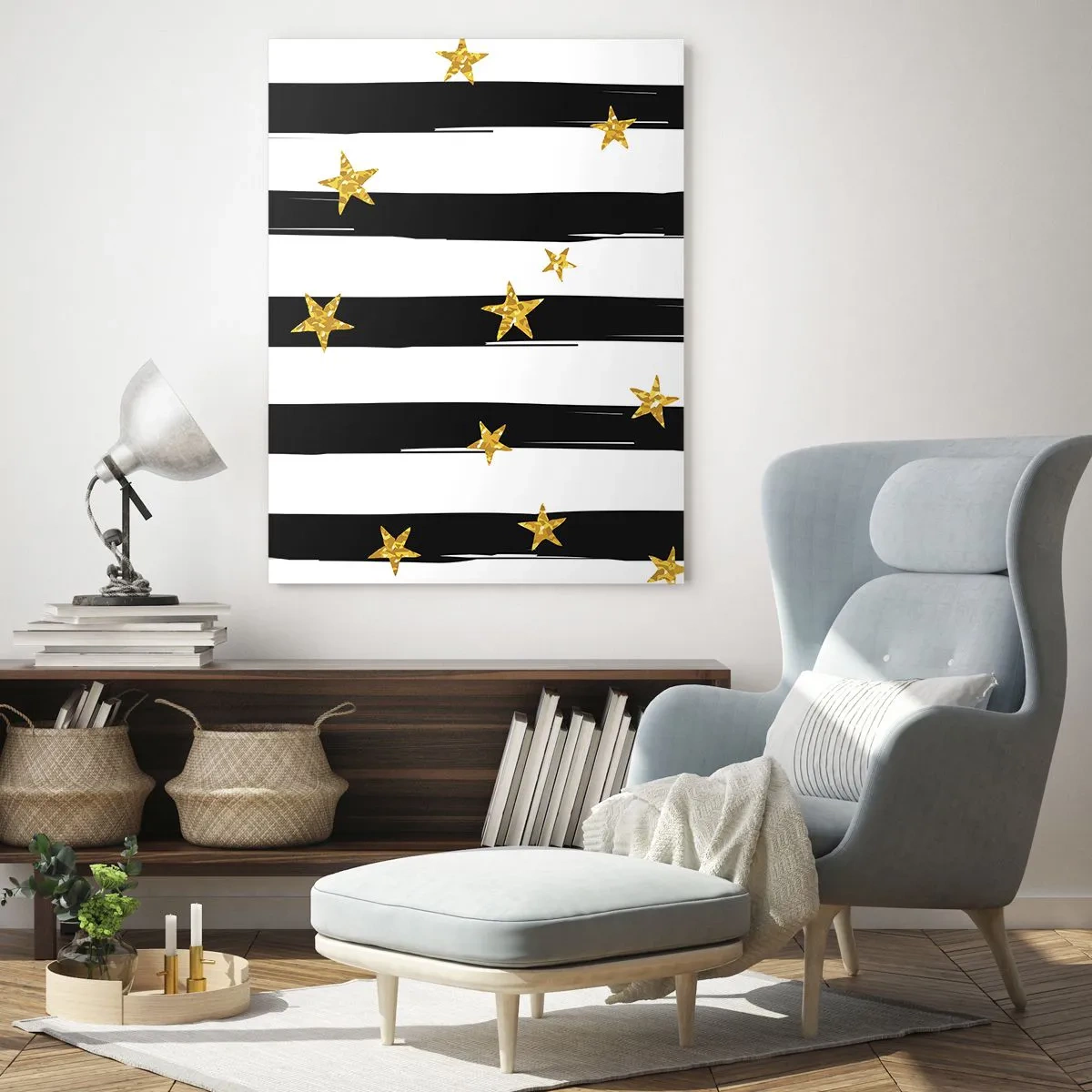 Quadro su vetro - Strisce bianche e nere con stelle dorate - 80x120cm - Siamo tutti nati sotto una buona stella - Decorazione murale moderna per soggiorno e camera da letto ARTTOR