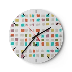 Orologio da parete - Orologio in Vetro - Quadrati colorati su sfondo bianco in stile astratto - 30x30cm - Un gioco sconosciuto - Decorazione murale moderna per soggiorno, cucina e camera da letto ARTTOR