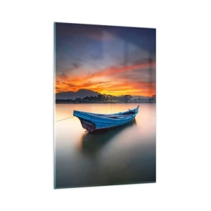 Quadro su vetro - Una barca sull'acqua durante un pittoresco tramonto - 80x120cm - Viene una notte buona - Decorazione murale moderna per soggiorno e camera da letto ARTTOR