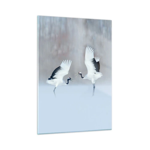 Quadro su vetro - Gru danzanti sullo sfondo di un paesaggio invernale - 50x70cm - Danza nella nebbia - Decorazione murale moderna per soggiorno e camera da letto ARTTOR