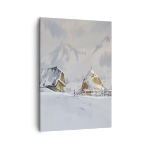 Quadro su tela - Stampe su Tela - Paesaggio invernale con una casetta e pagliai in montagna - 50x70cm - Nella valle innevata - Decorazione murale moderna per soggiorno e camera da letto ARTTOR