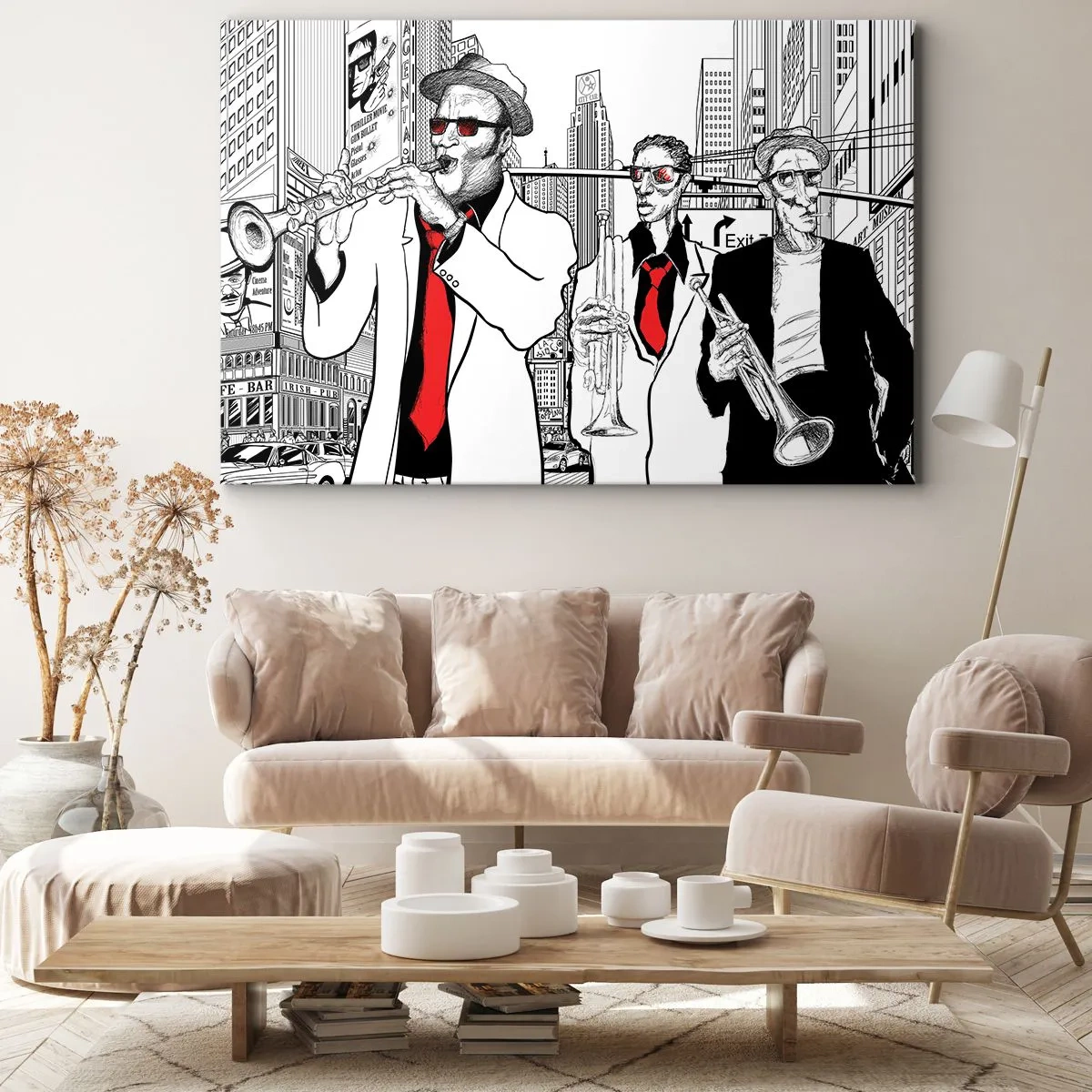 Quadro su tela - Stampe su Tela - Illustrazione di musicisti jazz su uno sfondo urbano - 120x80cm - Rapsodia cittadina in nero e rosso - Decorazione murale moderna per soggiorno e camera da letto ARTTOR