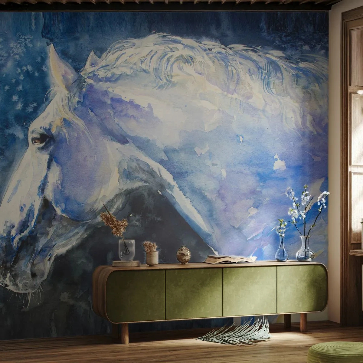 Fotomurale su misura Premium Sand - Ritratto in luce blu - Cavallo, Pittura, Animali