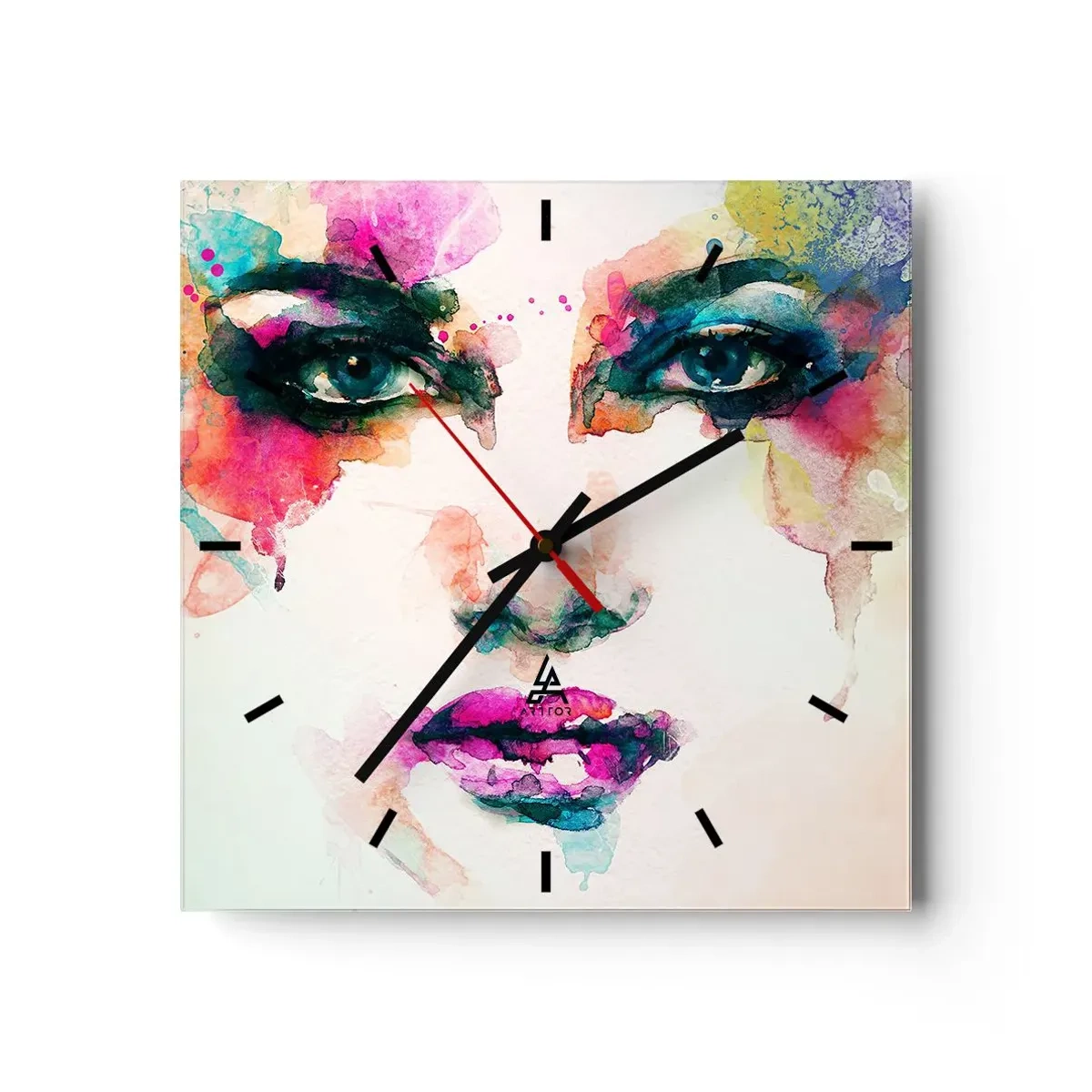 Orologio da parete - Orologio in Vetro - Ritratto astratto di una donna dai colori intensi - 30x30cm - Un ritratto dipinto dall'arcobaleno - Decorazione murale moderna per soggiorno e camera da letto ARTTOR