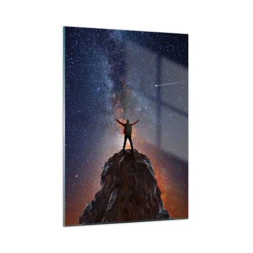 Quadro su vetro - Silhouette di un uomo in cima a una roccia sotto un cielo stellato - 50x70cm - La forza è con me! - Decorazione murale moderna per soggiorno e camera da letto ARTTOR