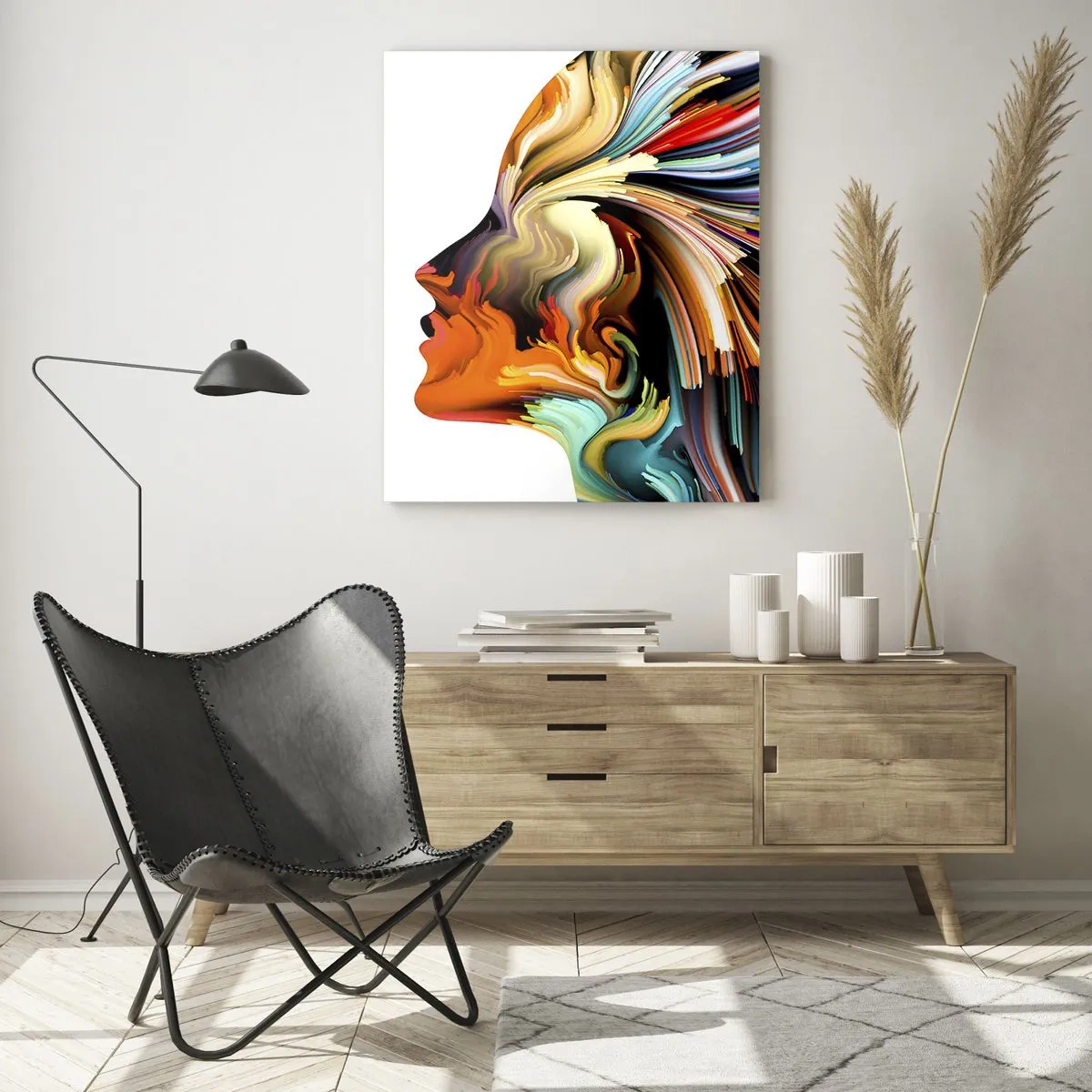 Quadro su vetro - Profilo astratto del viso con linee dinamiche colorate. - 80x120cm - Esplosione di fantasia - Decorazione murale moderna per soggiorno e camera da letto ARTTOR