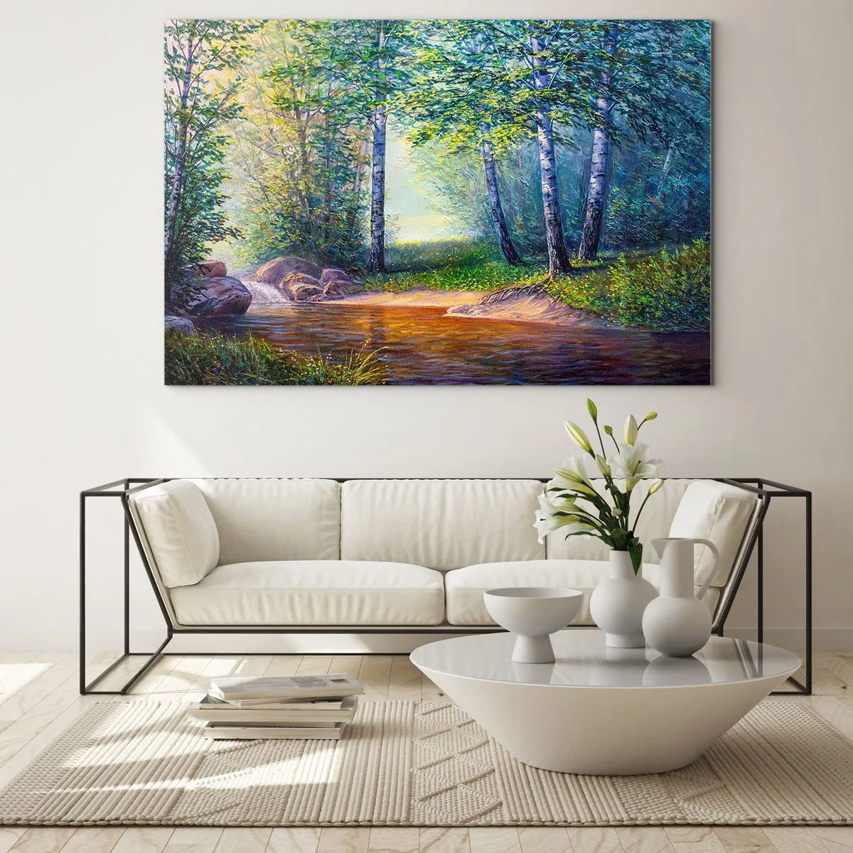 Quadro su vetro - Un ruscello nella foresta circondato da alberi sotto i raggi del sole - 100x70cm - Scena di beatitudine - Decorazione murale moderna per soggiorno e camera da letto ARTTOR