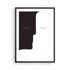 Poster in cornice nera - Una grafica minimalista di due volti in bianco e nero che creano un'unità. - 50x70cm - Unità degli opposti - Decorazione murale moderna per soggiorno e camera da letto ARTTOR