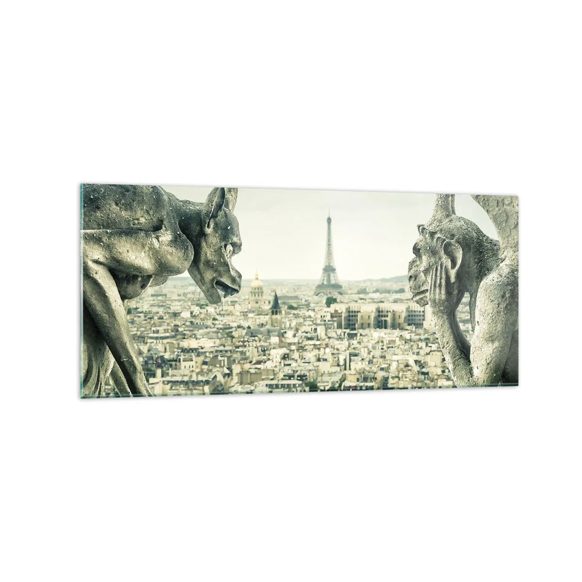 Quadro su vetro - Gargoyle che dominano lo skyline di Parigi e la Torre Eiffel - 120x50cm - Chiacchierate parigine - Decorazione murale moderna per soggiorno e camera da letto ARTTOR