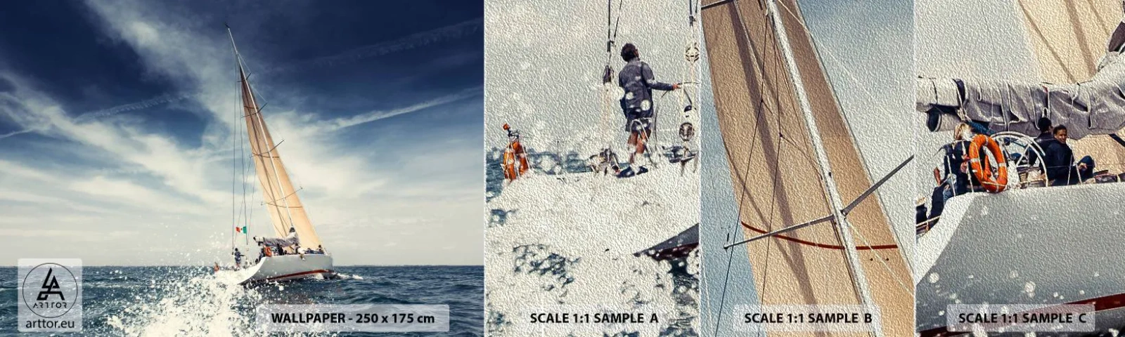 Campione di Fotomurale Premium Sand - Non ci raggiungeranno! - Barca a vela, Oceano, Barca a vela - 100x30 cm