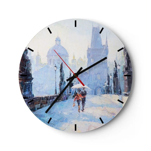 Orologio da parete - Orologio in Vetro - Scena romantica su un ponte sotto la pioggia, con uno sfondo pittoresco della città - 30x30cm - La pioggia ci ha incantati - Decorazione murale moderna per soggiorno, cucina e camera da letto ARTTOR