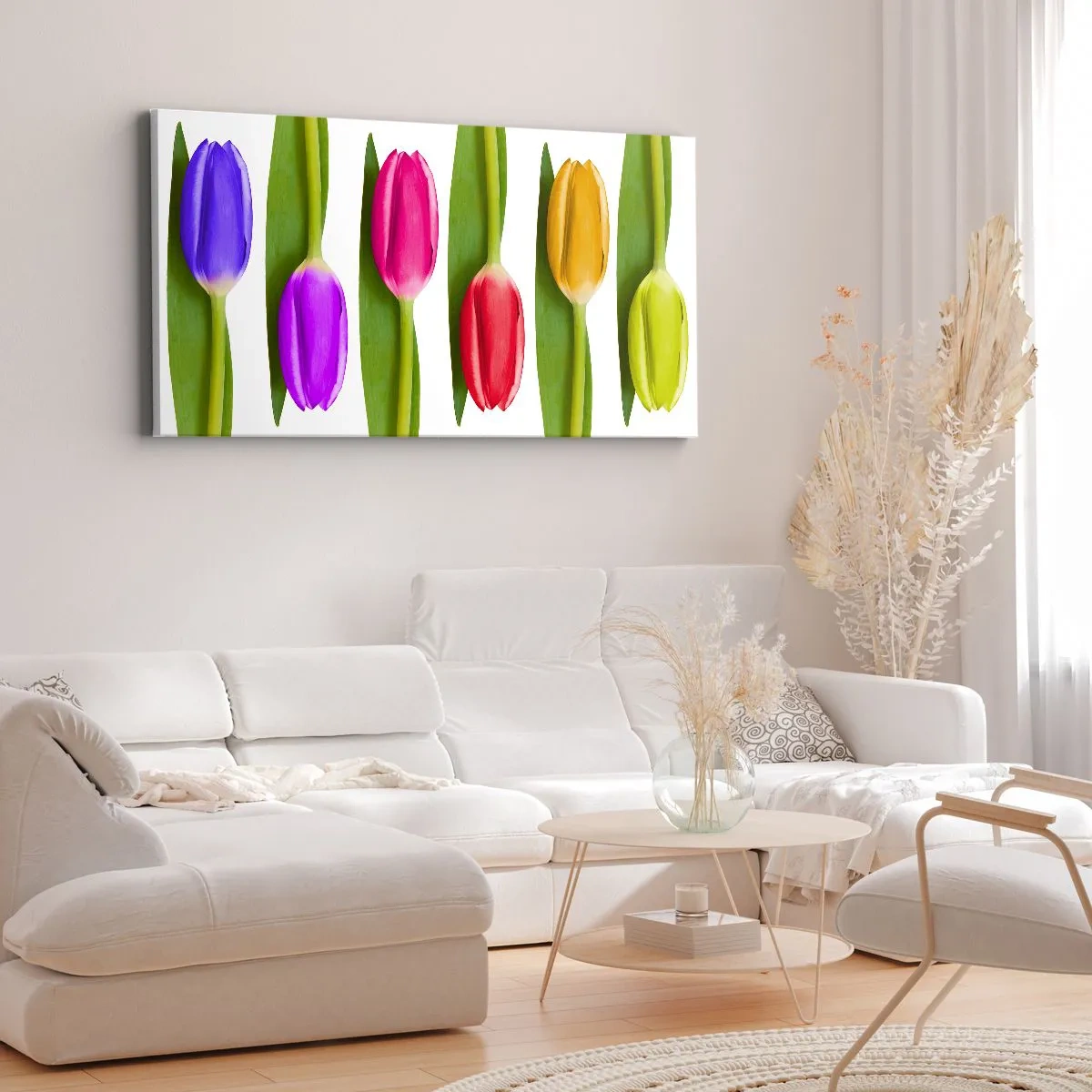 Quadro su tela - Stampe su Tela - Tulipani multicolori disposti in fila su uno sfondo bianco - 140x50cm - Composizione arcobaleno - Decorazione murale moderna per soggiorno e camera da letto ARTTOR