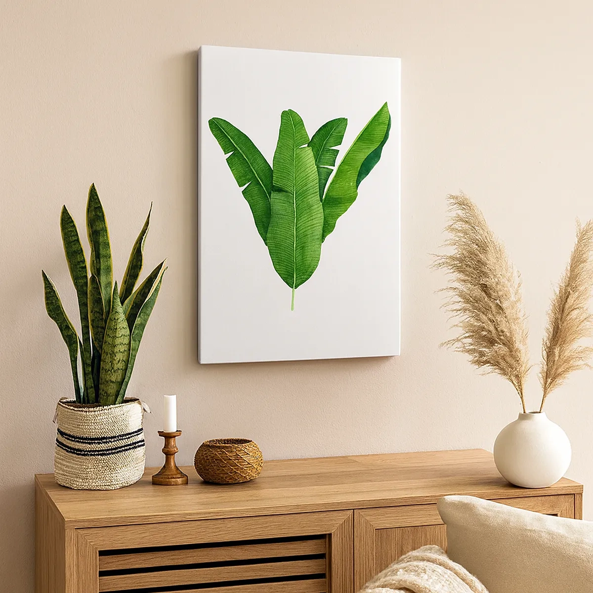 Quadro su tela - Stampe su Tela - Tre foglie di banano in un approccio artistico - 50x70cm - Simmetria verde - Decorazione murale moderna per soggiorno e camera da letto ARTTOR