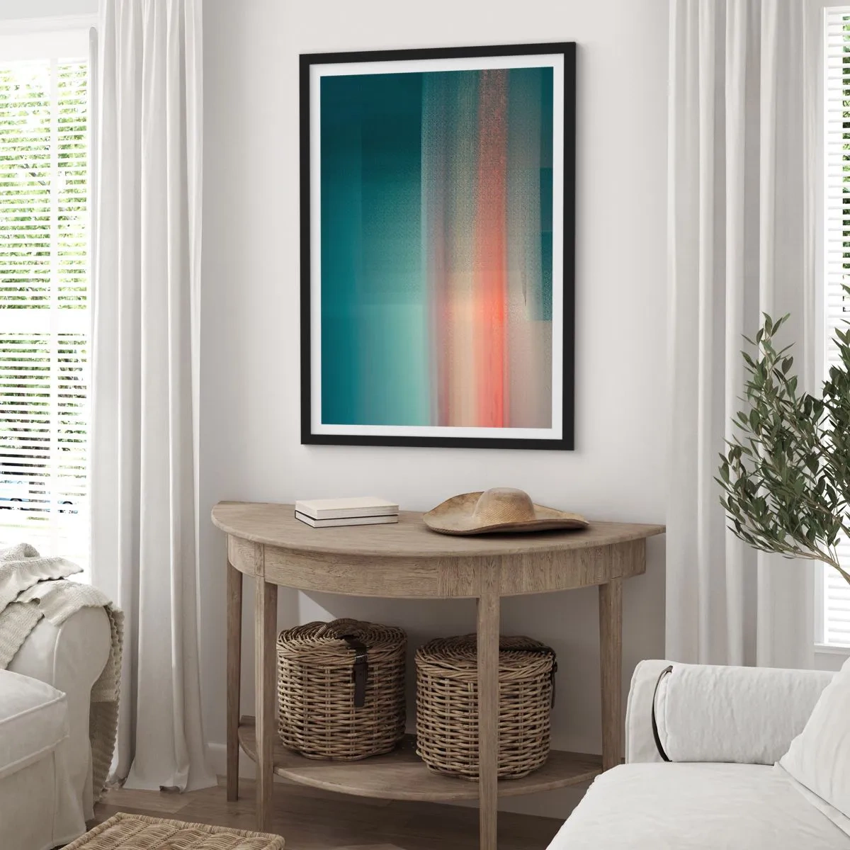 Poster in cornice nera - Un gioco di luci astratto nelle tonalità del turchese e del rosso. - 50x70cm - Astrazione: onde di luce - Decorazione murale moderna per soggiorno e camera da letto ARTTOR