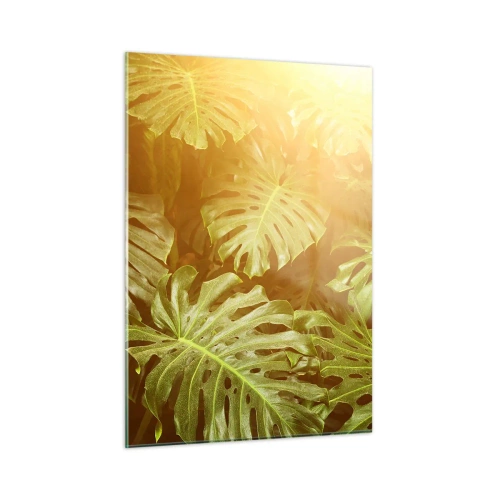 Quadro su vetro - Foglie verdi di monstera nella luce dorata del sole tropicale - 50x70cm - Entrando nel verde... - Decorazione murale moderna per soggiorno e camera da letto ARTTOR